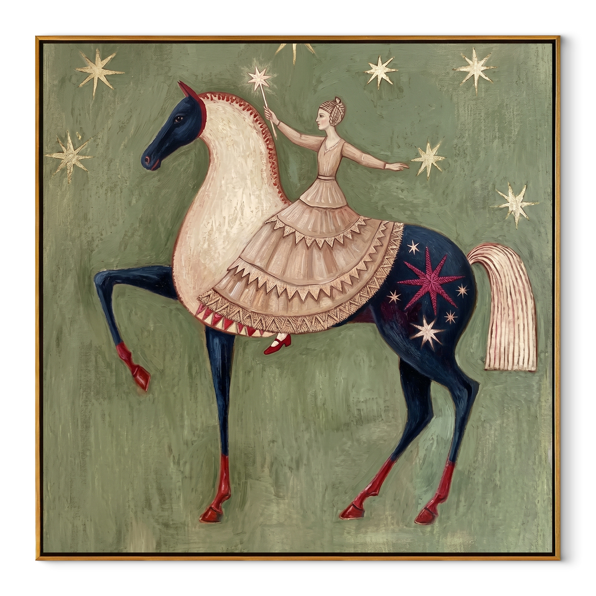 Ballerina Rides Starry Pinto equestrian horse painting, square canvas artwork