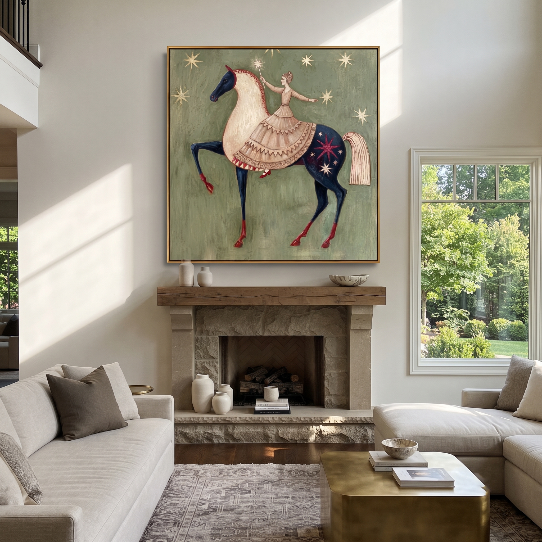 Ballerina Rides Starry Pinto styled with warm modern furnishings