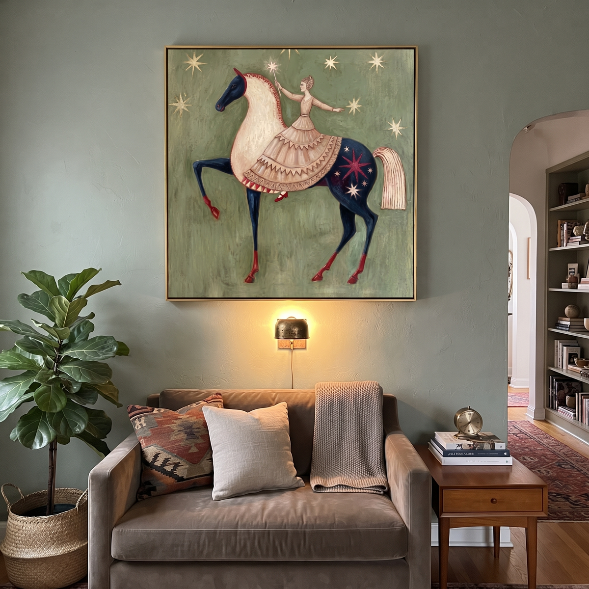 Ballerina Rides Starry Pinto styled with wood, linen, and modern decor