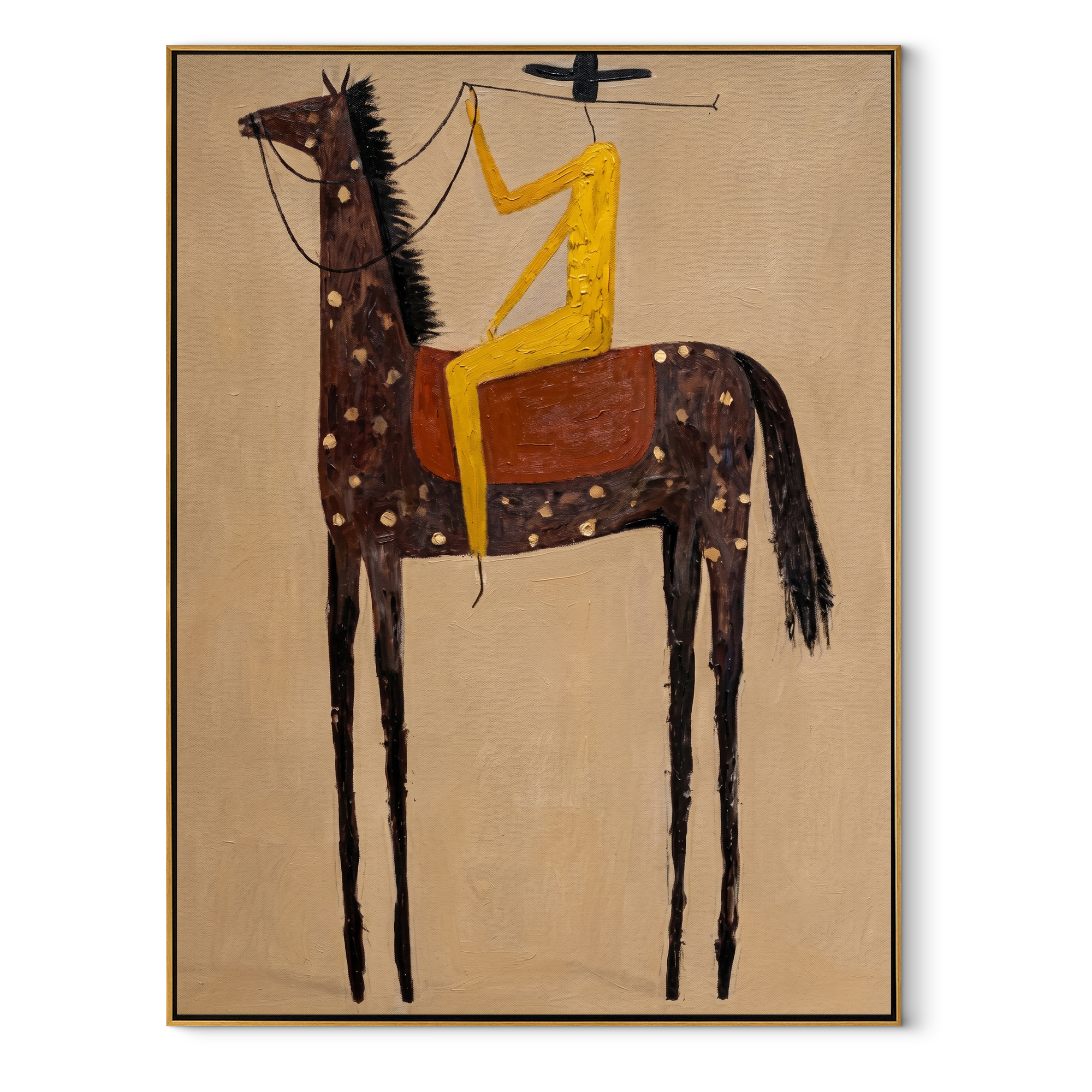 Golden Acrobat Rides Spots equestrian horse painting, vertical canvas artwork