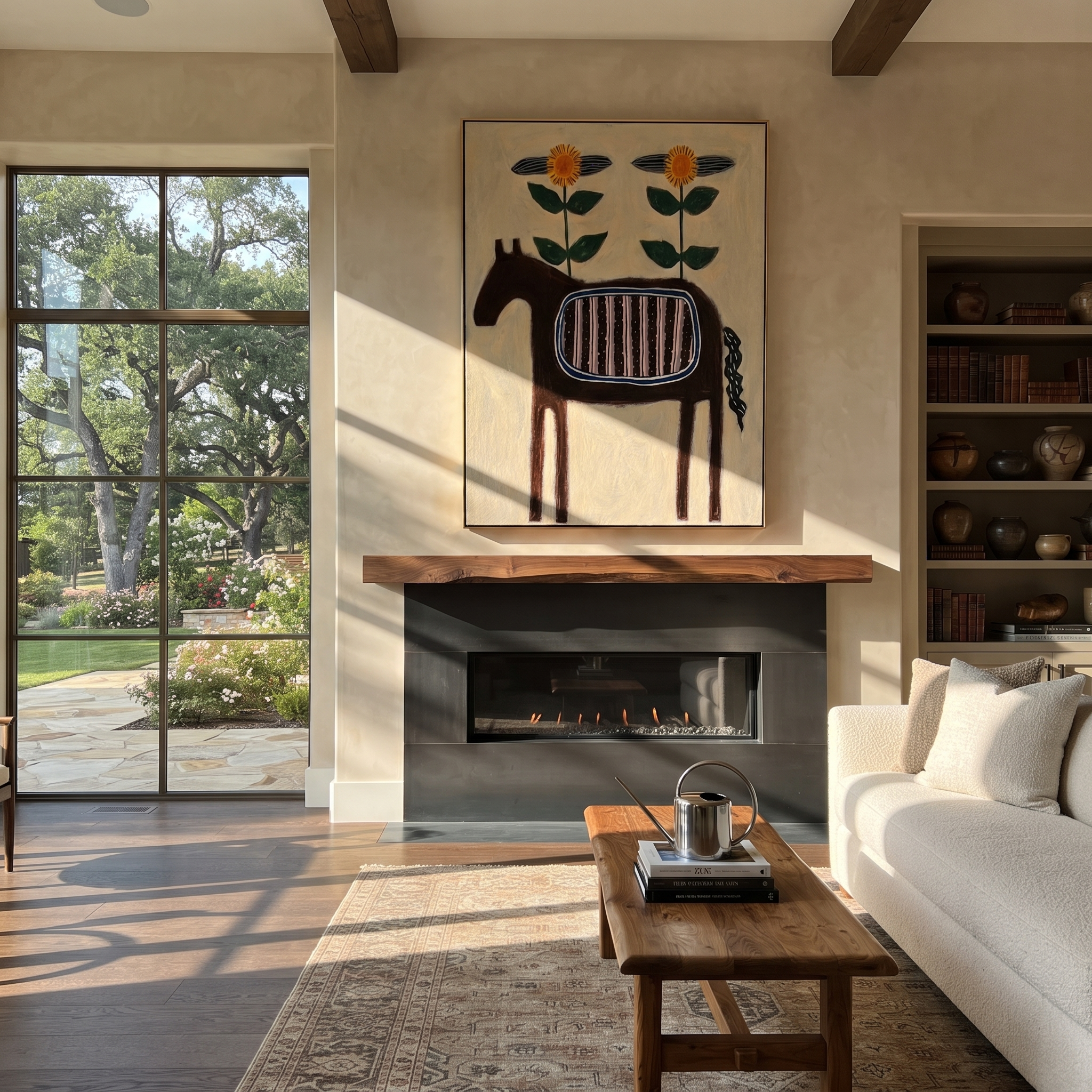 Sunflowers Crown Striped Horse displayed in a collected contemporary interior