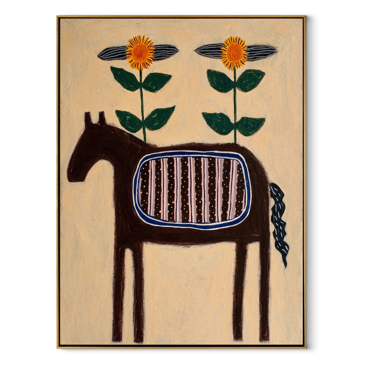 Sunflowers Crown Striped Horse equestrian horse painting, vertical canvas artwork