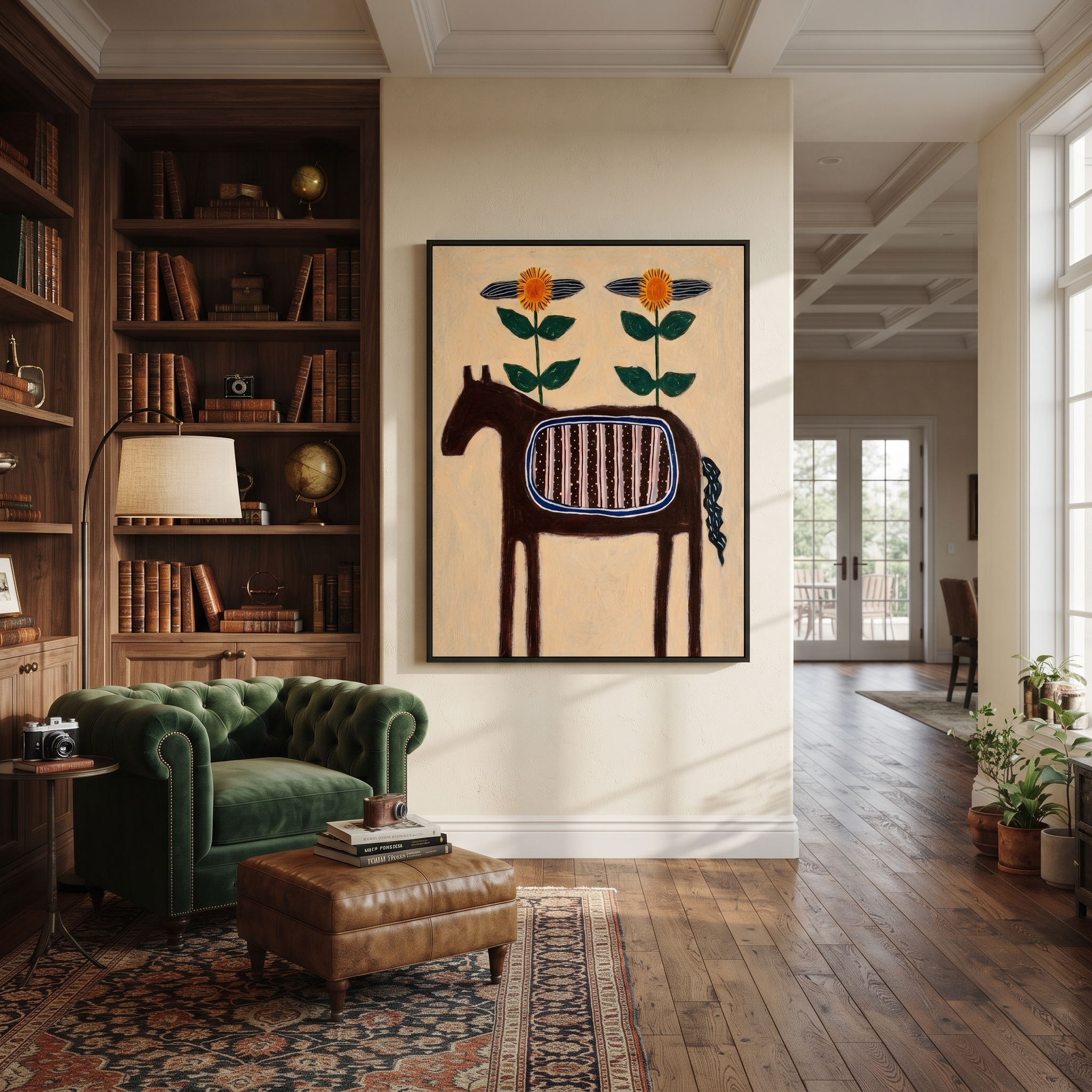 Sunflowers Crown Striped Horse displayed in a layered residential setting