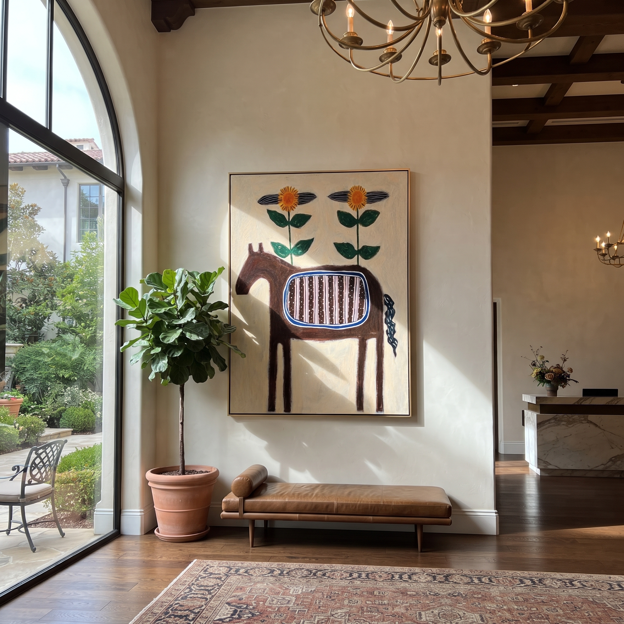 Sunflowers Crown Striped Horse styled with wood, linen, and modern decor