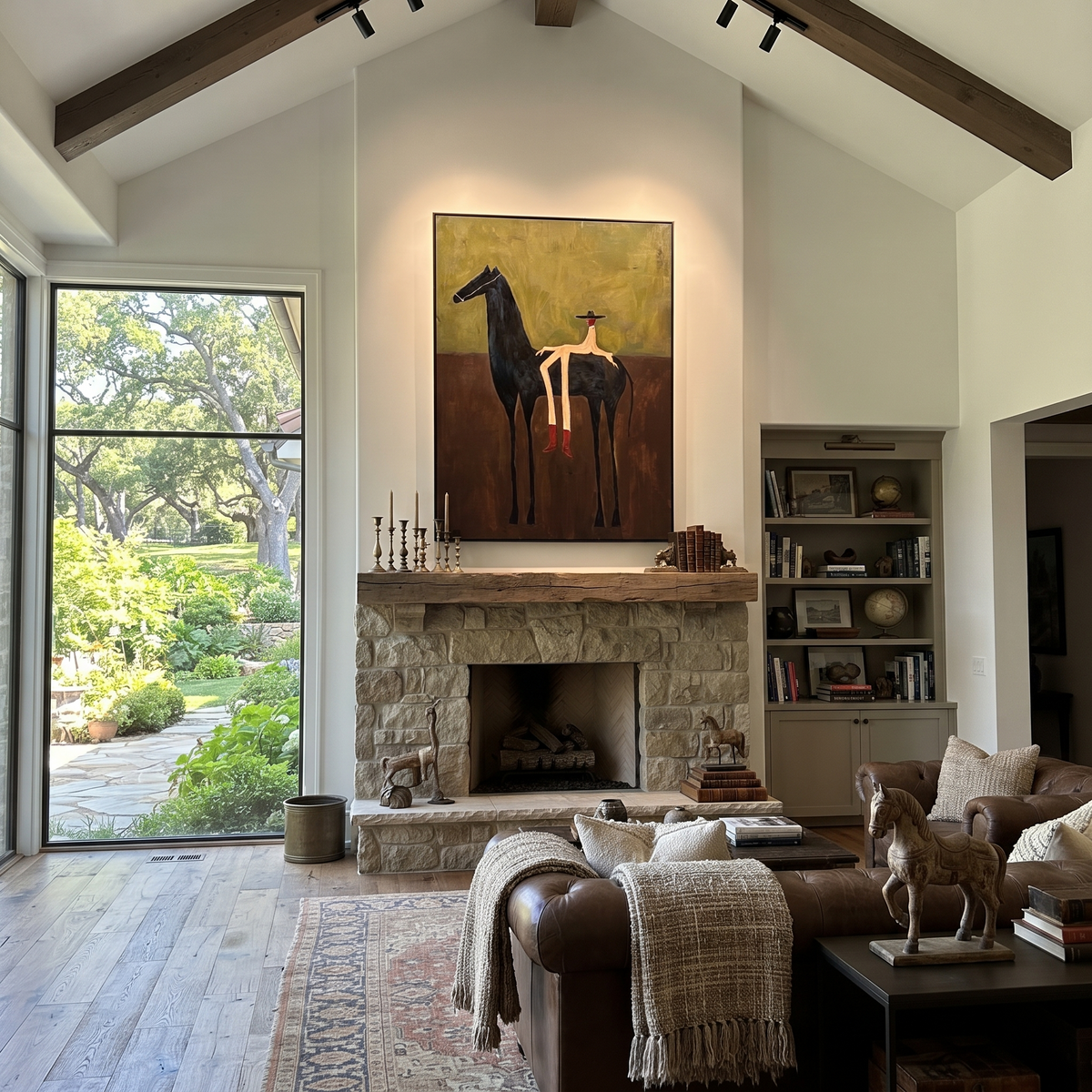 Red Boots Meet Black displayed in a layered residential setting