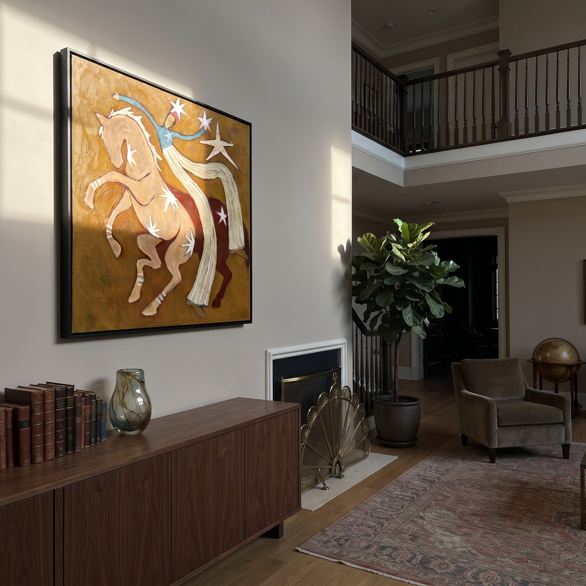 Twin Horses Catch Starlight displayed in a layered residential setting