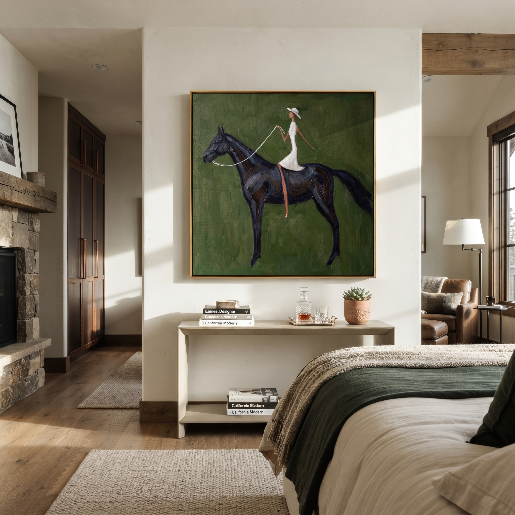 White Dress Crosses Green styled with warm modern furnishings