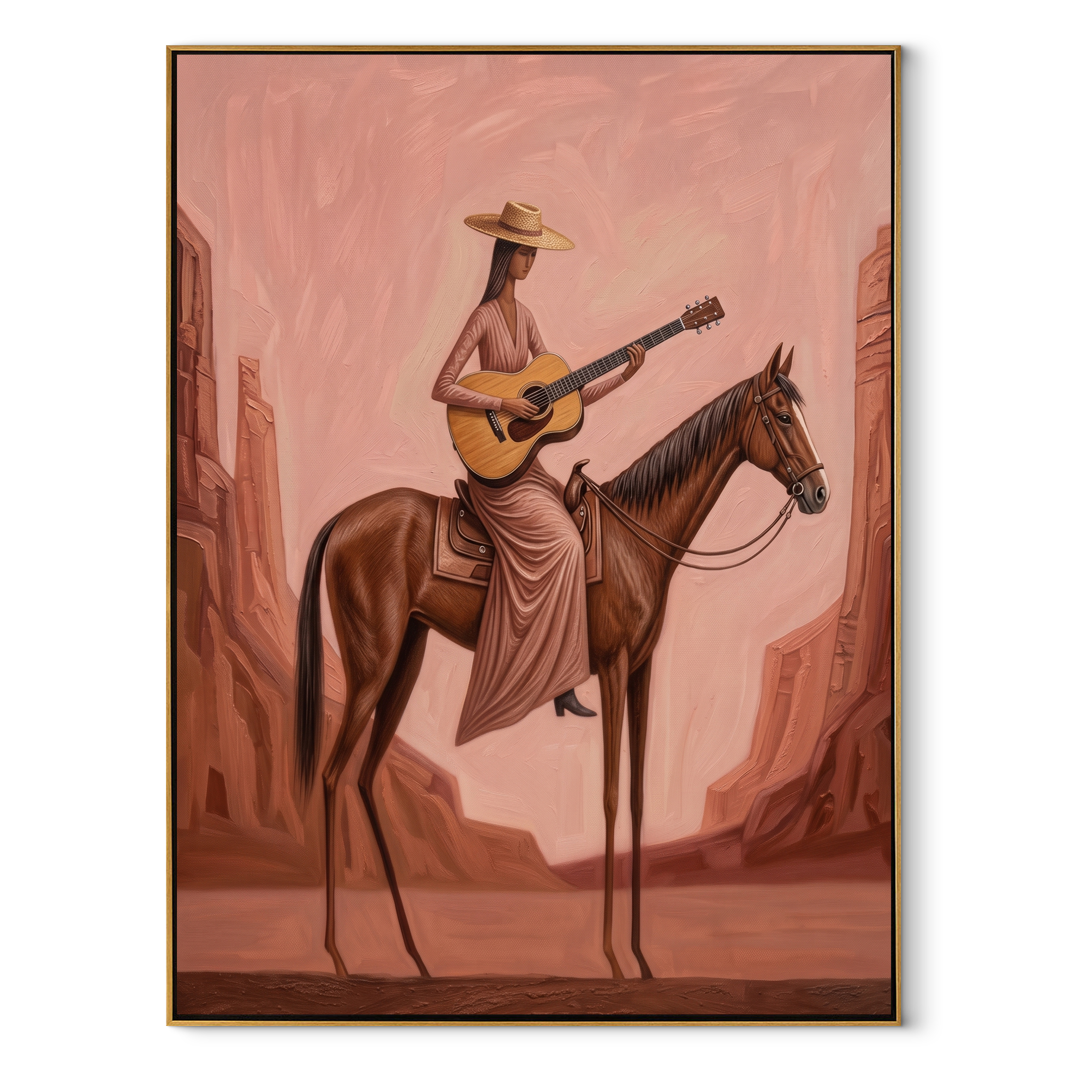 Guitar Travels Pink Canyons equestrian horse painting, vertical canvas artwork