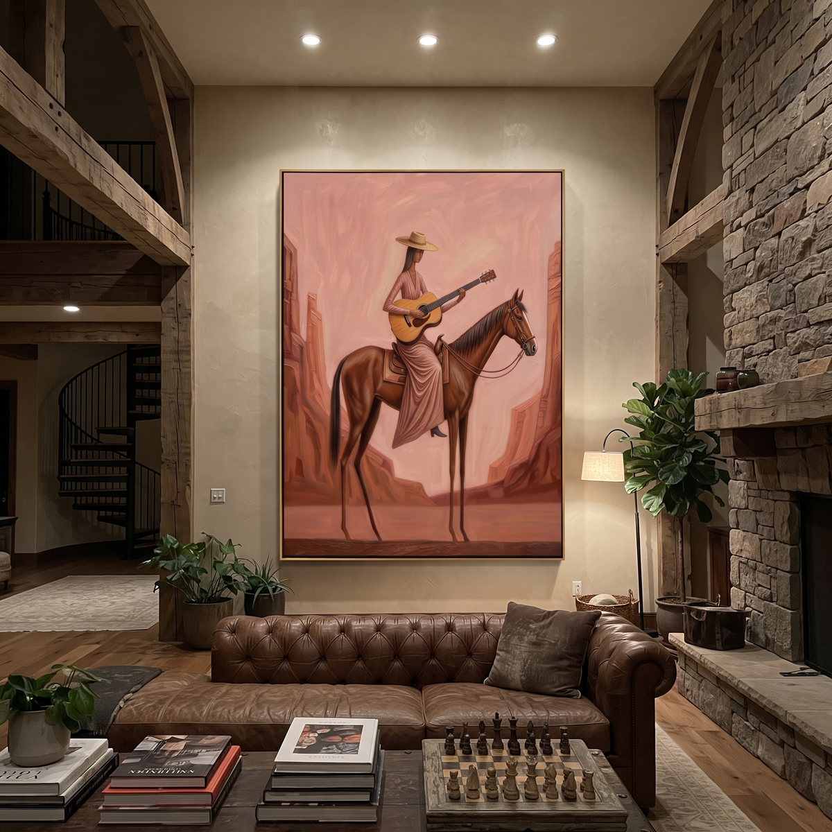 Guitar Travels Pink Canyons styled with wood, linen, and modern decor