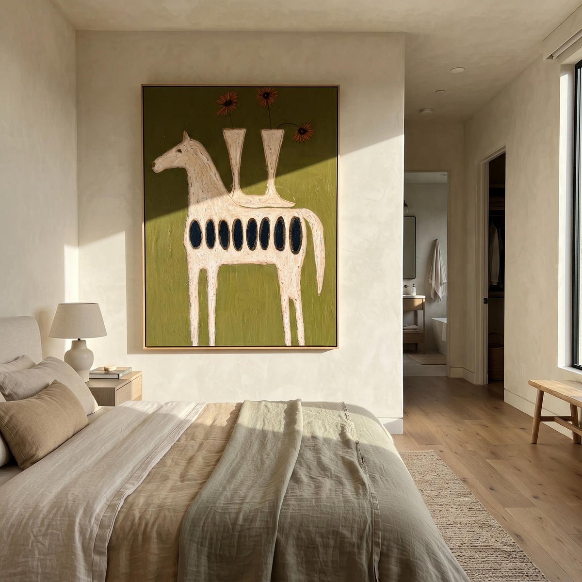 Three Vases Crown Horse styled with warm modern furnishings