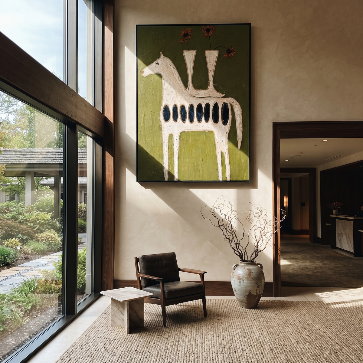 Three Vases Crown Horse presented as a colorful interior focal point