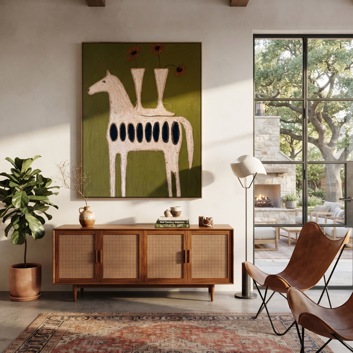 Three Vases Crown Horse displayed in a layered residential setting