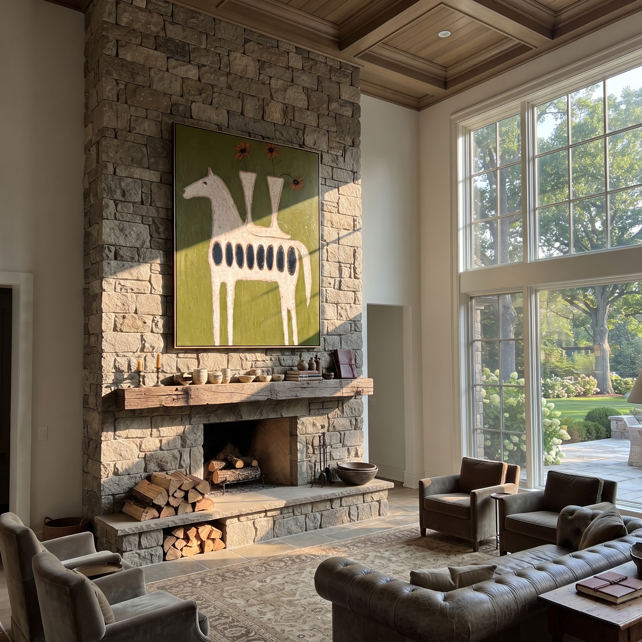 Three Vases Crown Horse styled with wood, linen, and modern decor