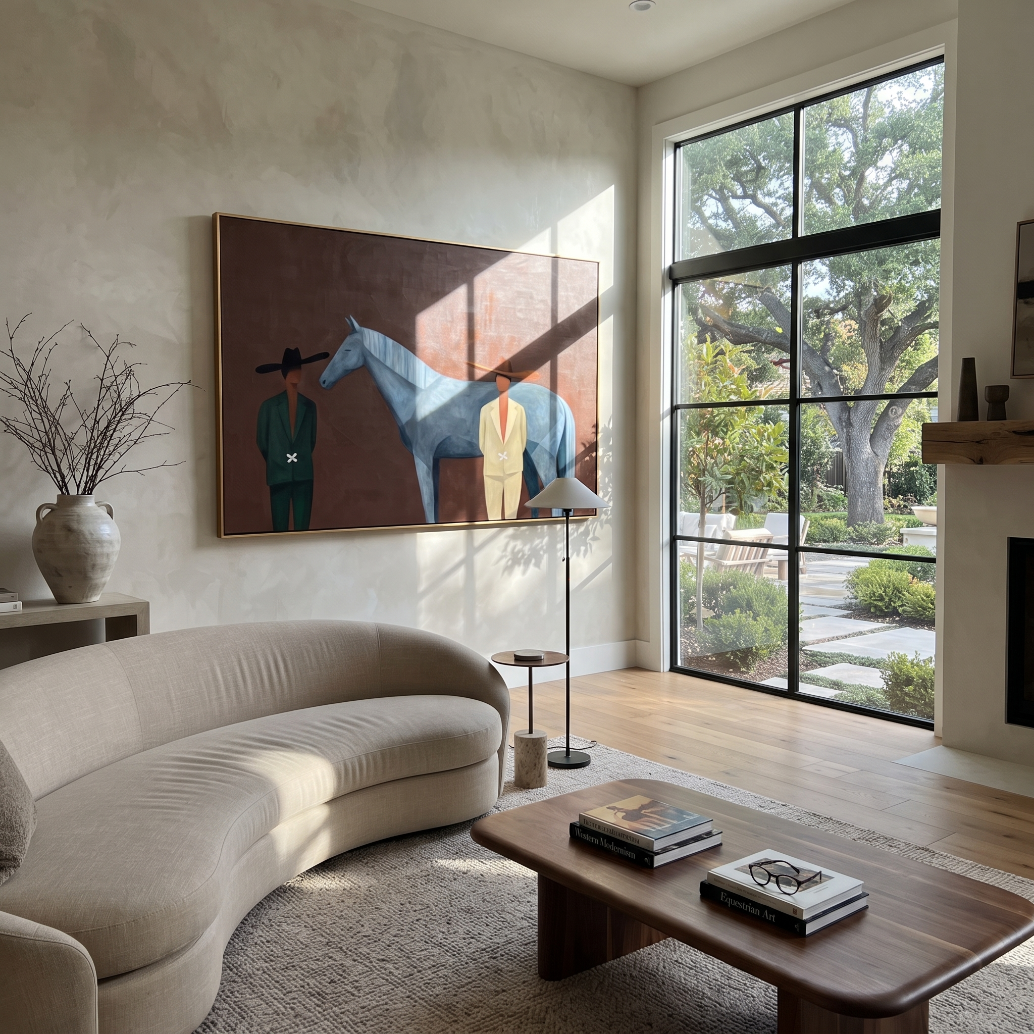 Two Men Meet Blue displayed in a collected contemporary interior