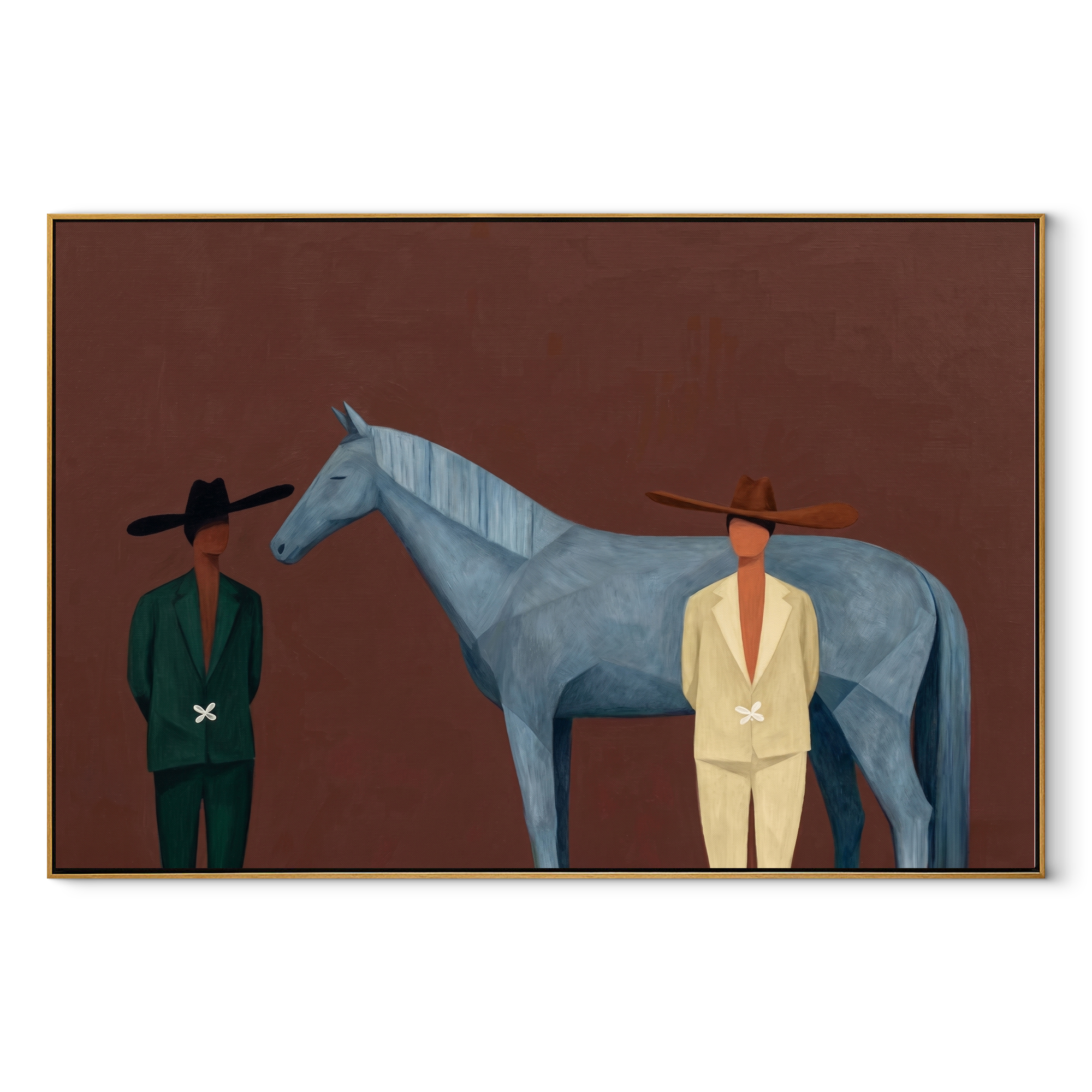 Two Men Meet Blue equestrian horse painting, horizontal canvas artwork