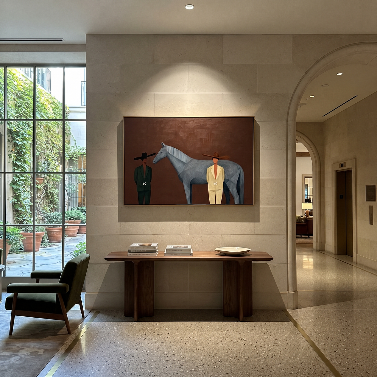 Two Men Meet Blue styled with wood, linen, and modern decor