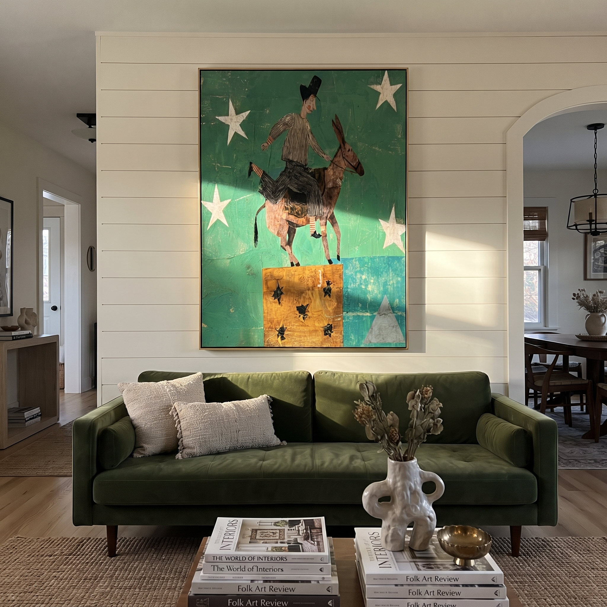 Green Stars Carry Rider displayed in a collected contemporary interior