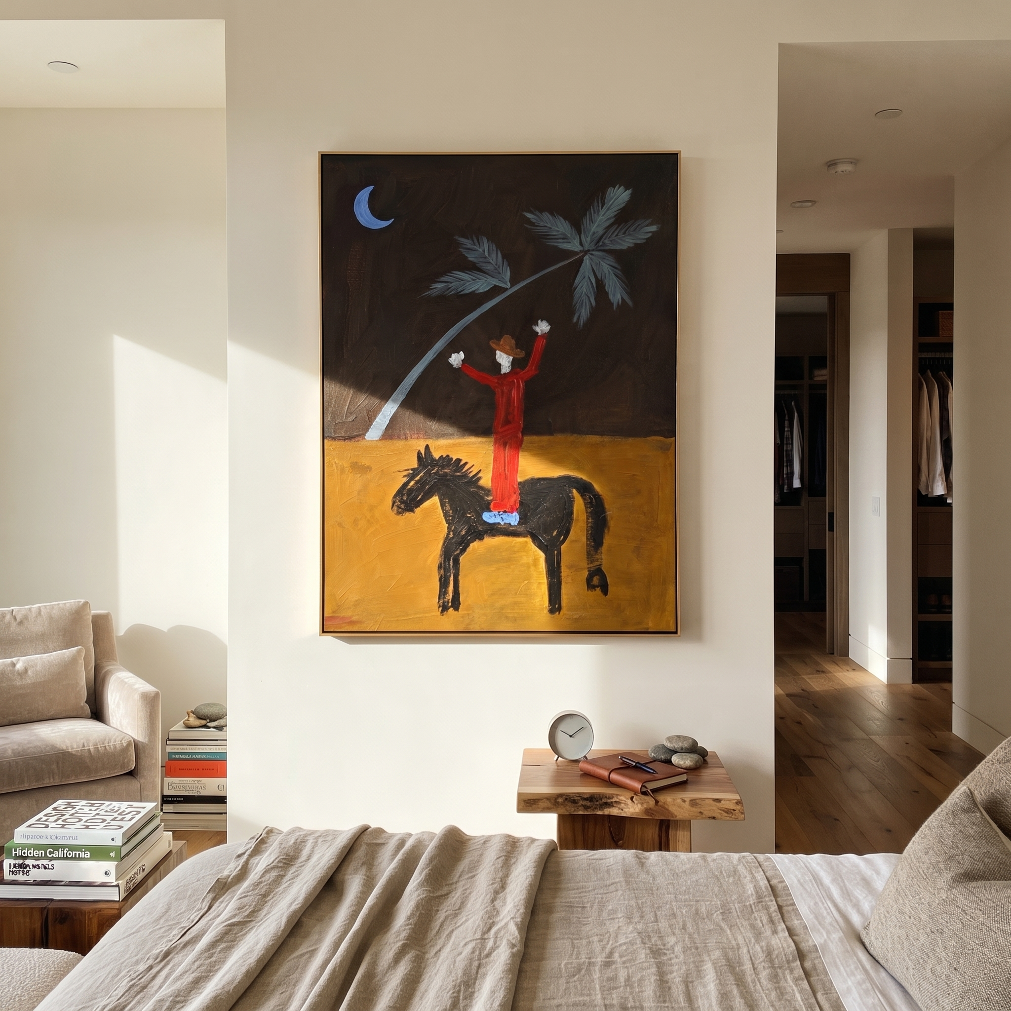 Red Rider Raises Palm styled with warm modern furnishings