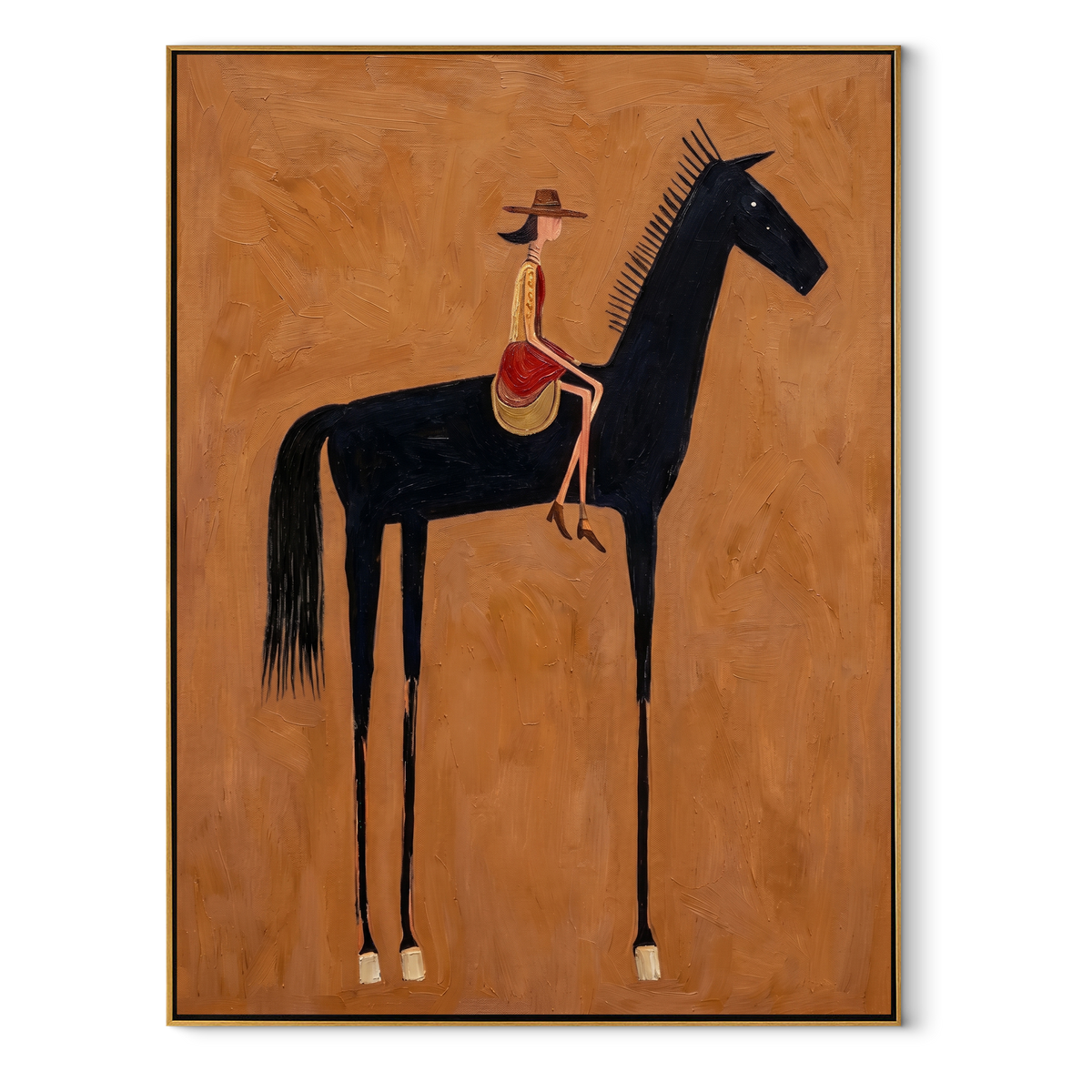 Black Horse Carries Red equestrian horse painting, vertical canvas artwork