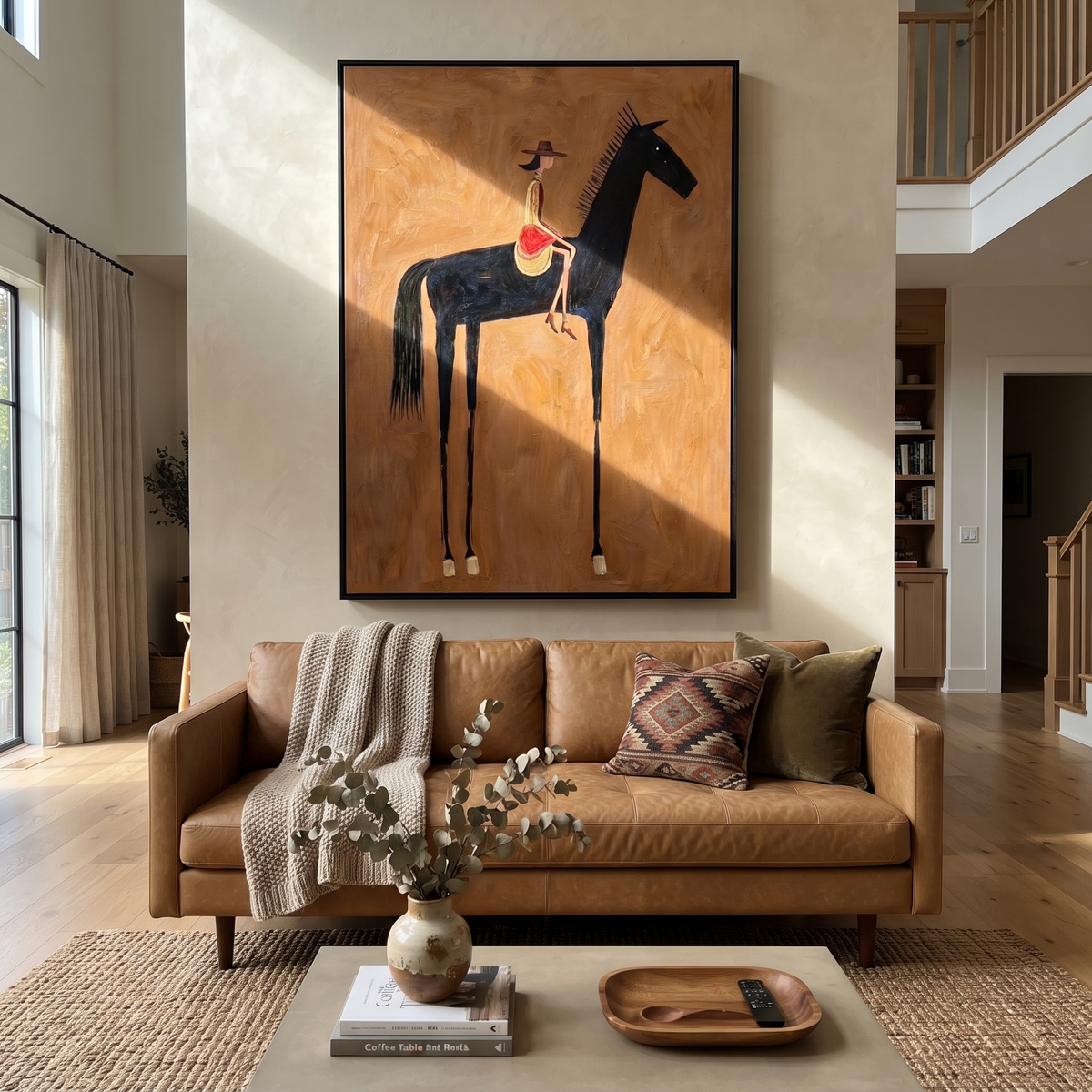 Black Horse Carries Red styled with wood, linen, and modern decor
