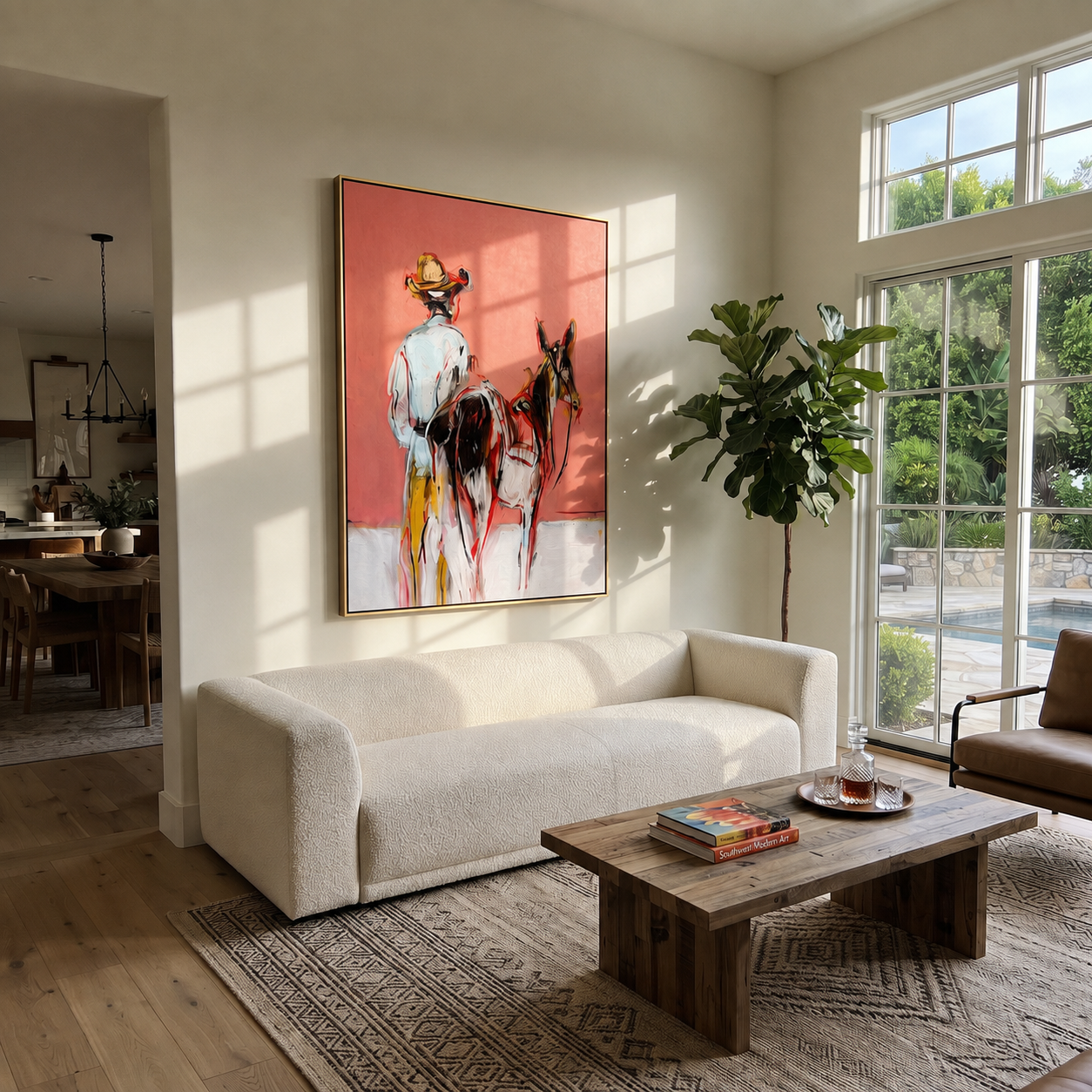 Two Horses Melt Coral styled with wood, linen, and modern decor