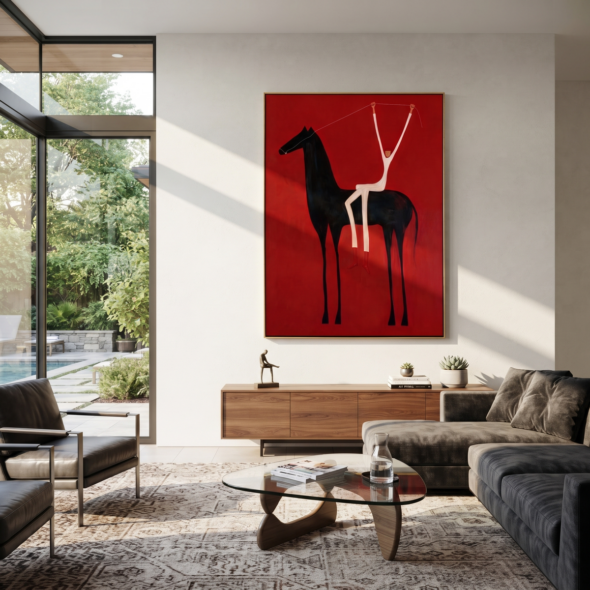 White Arms Split Crimson displayed in a collected contemporary interior