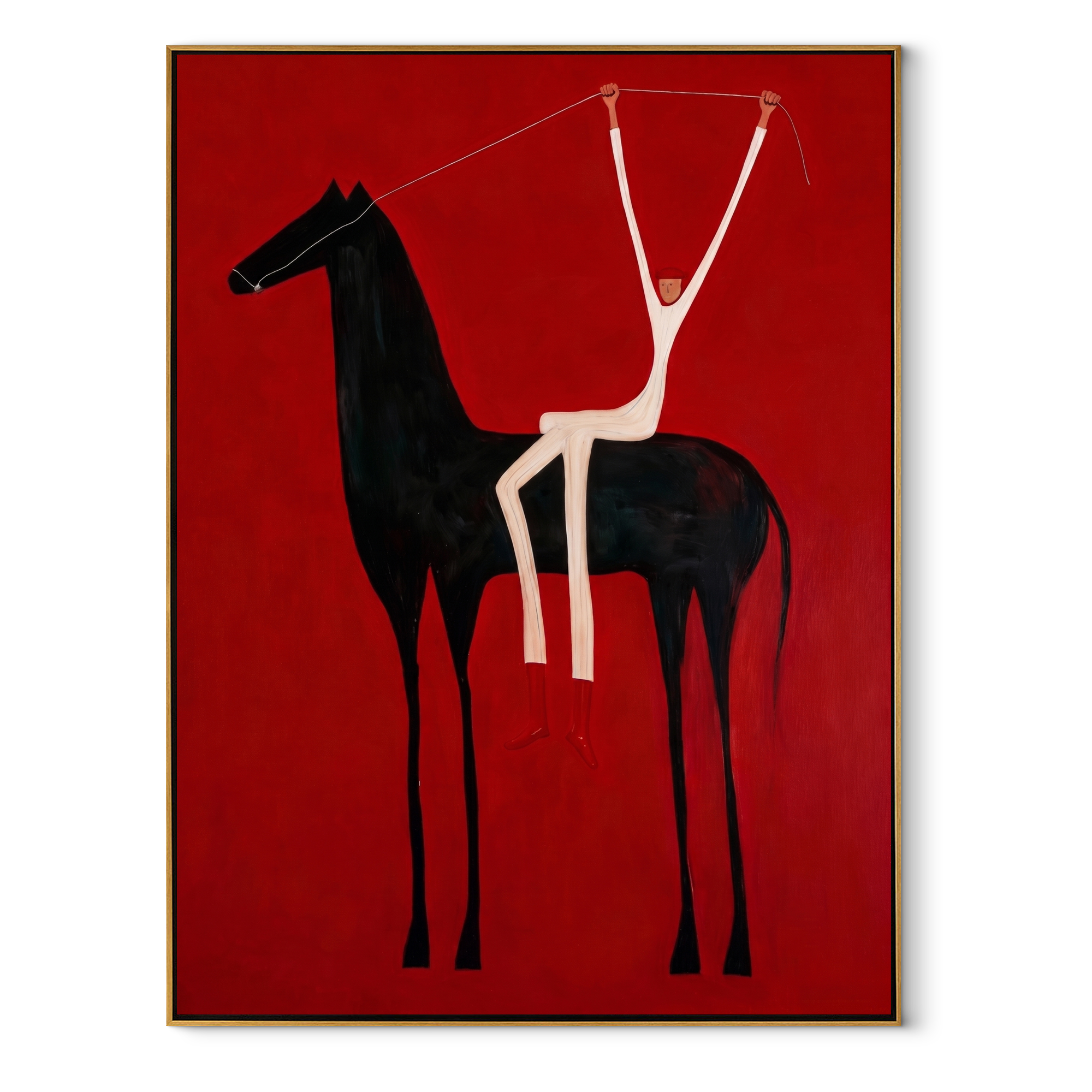 White Arms Split Crimson equestrian horse painting, vertical canvas artwork