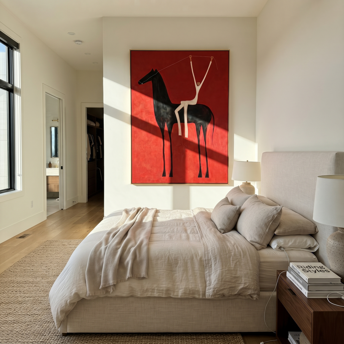 White Arms Split Crimson displayed in a layered residential setting