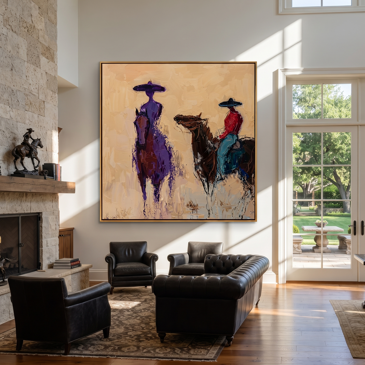 Two Riders Blur Together displayed in a collected contemporary interior