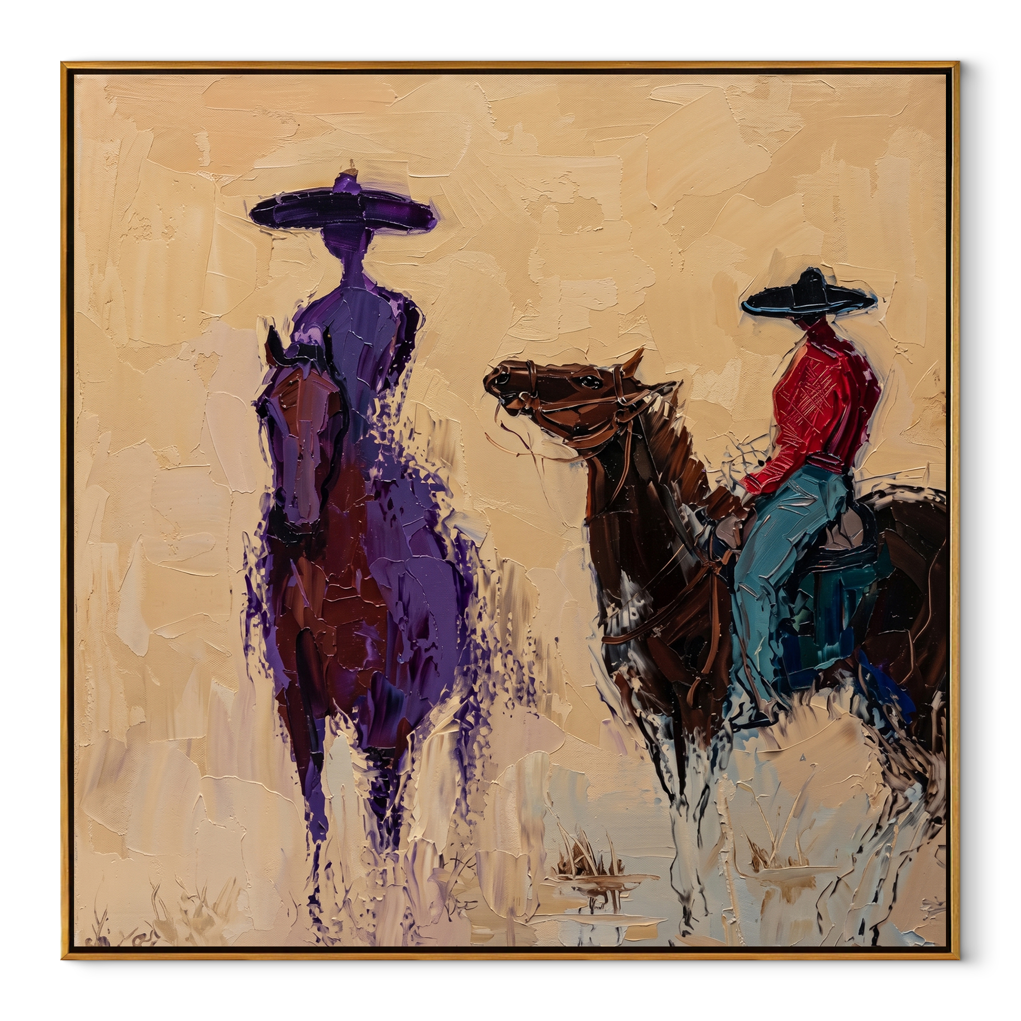 Two Riders Blur Together equestrian horse painting, square canvas artwork