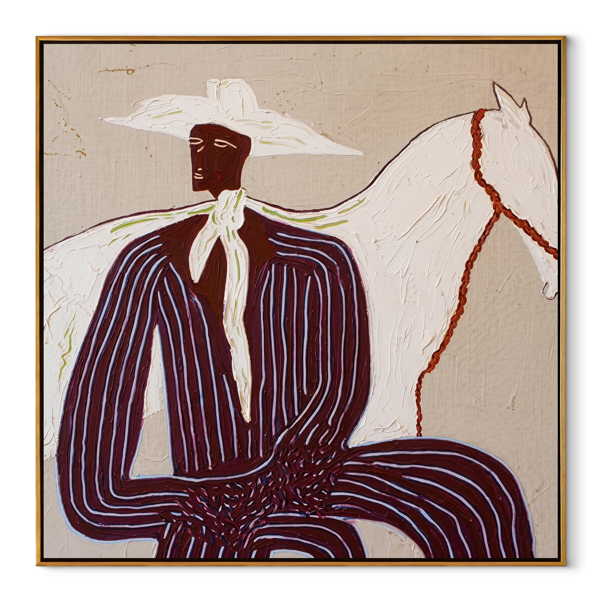 White Horse behind Rider equestrian horse painting, square canvas artwork