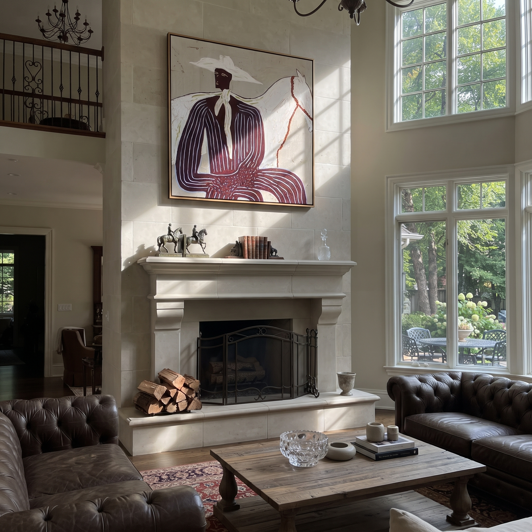 White Horse behind Rider styled with warm modern furnishings