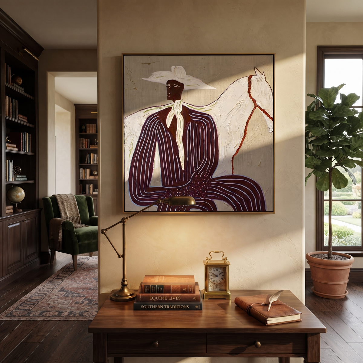 White Horse behind Rider presented as a colorful interior focal point