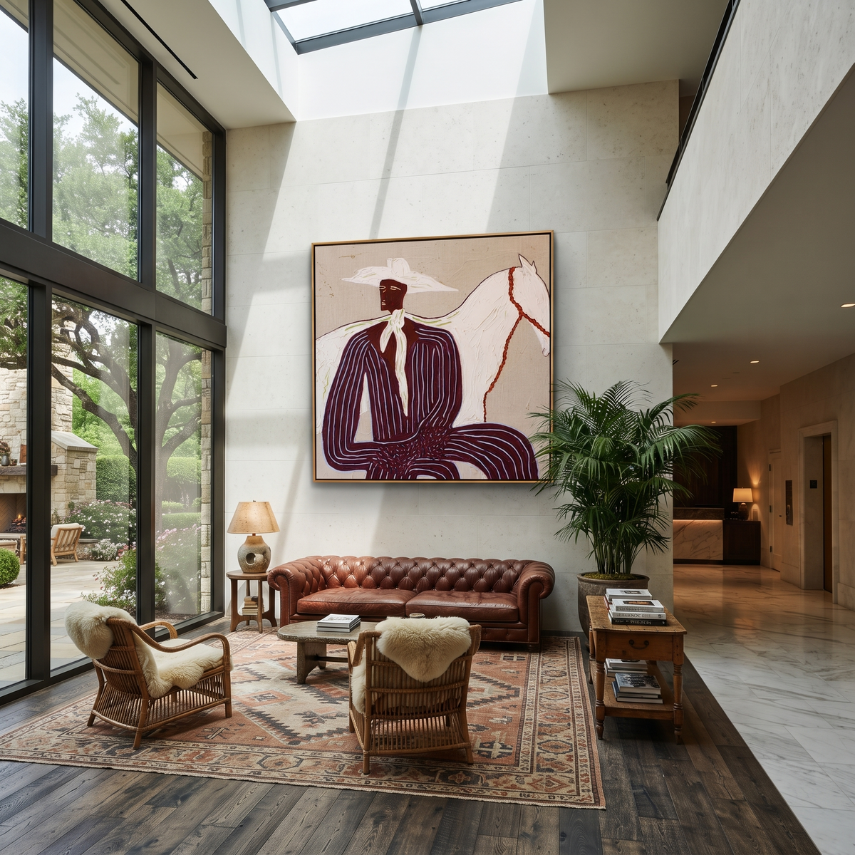 White Horse behind Rider styled with wood, linen, and modern decor