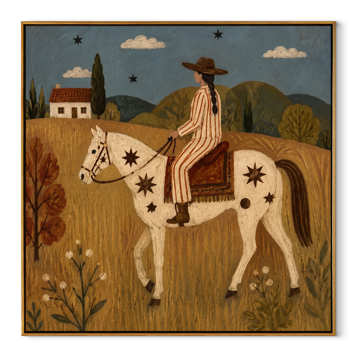 Starred Horse Carries Home equestrian horse painting, square canvas artwork