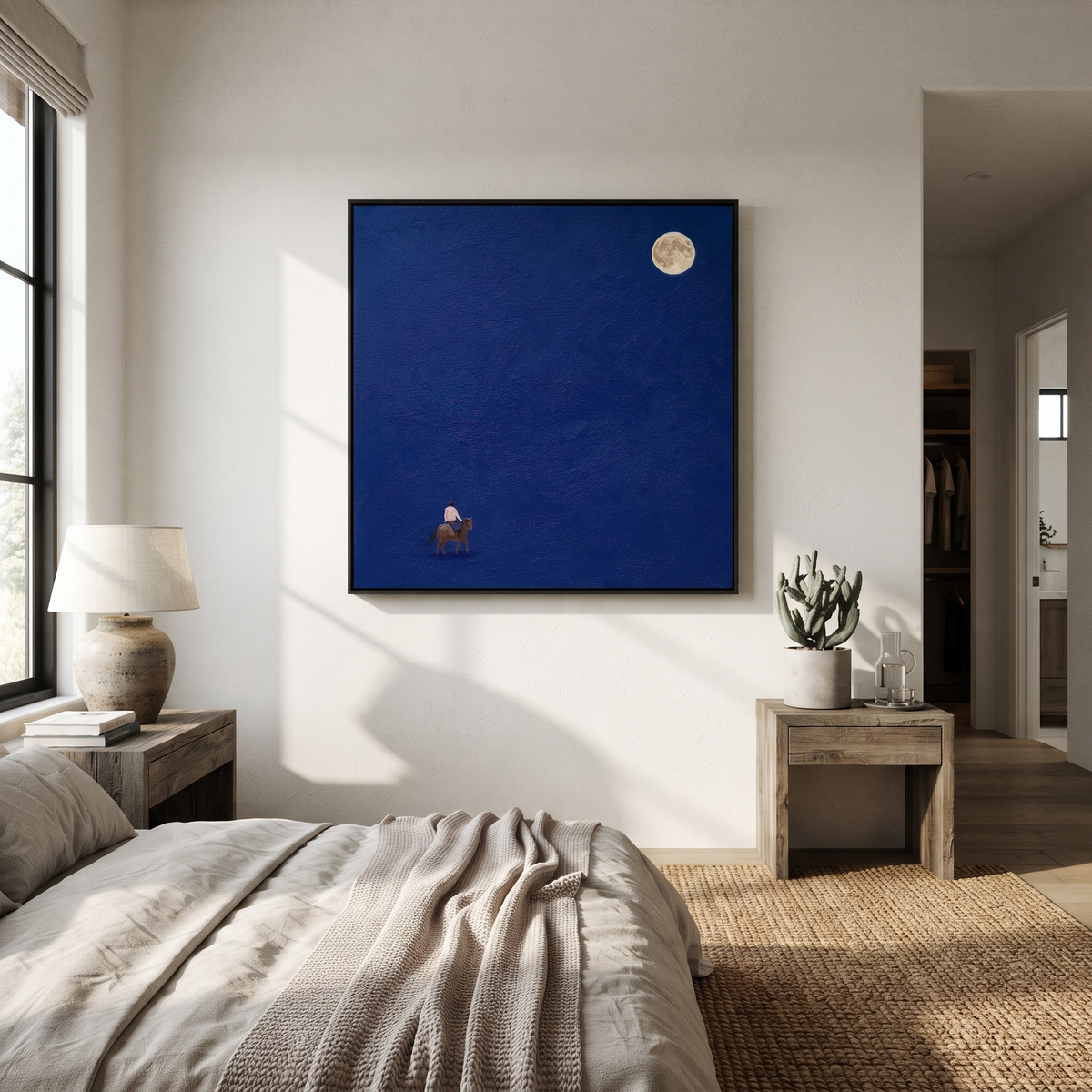 Small Rider Beneath Moon displayed in a collected contemporary interior