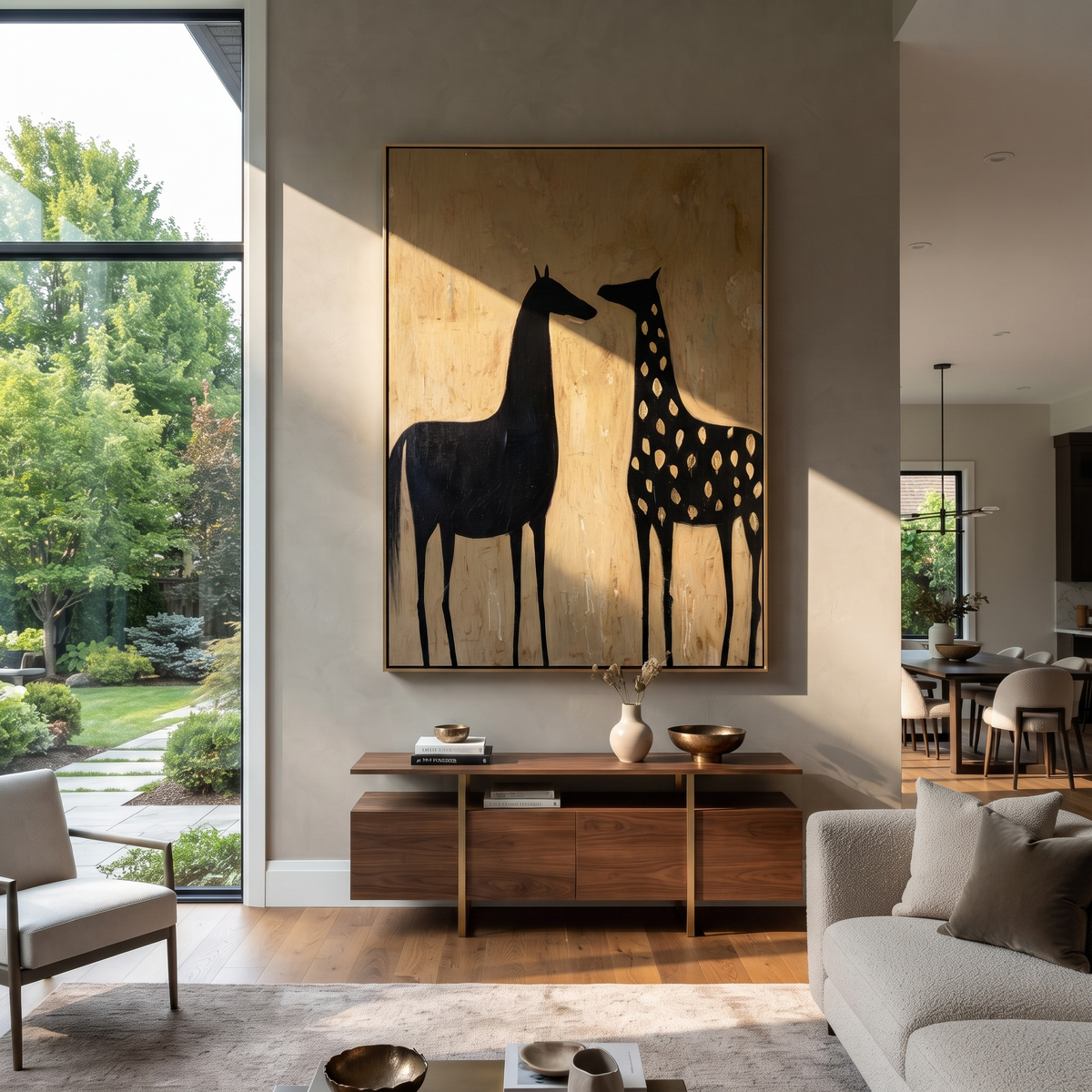 Spotted Horse Meets Black displayed in a collected contemporary interior