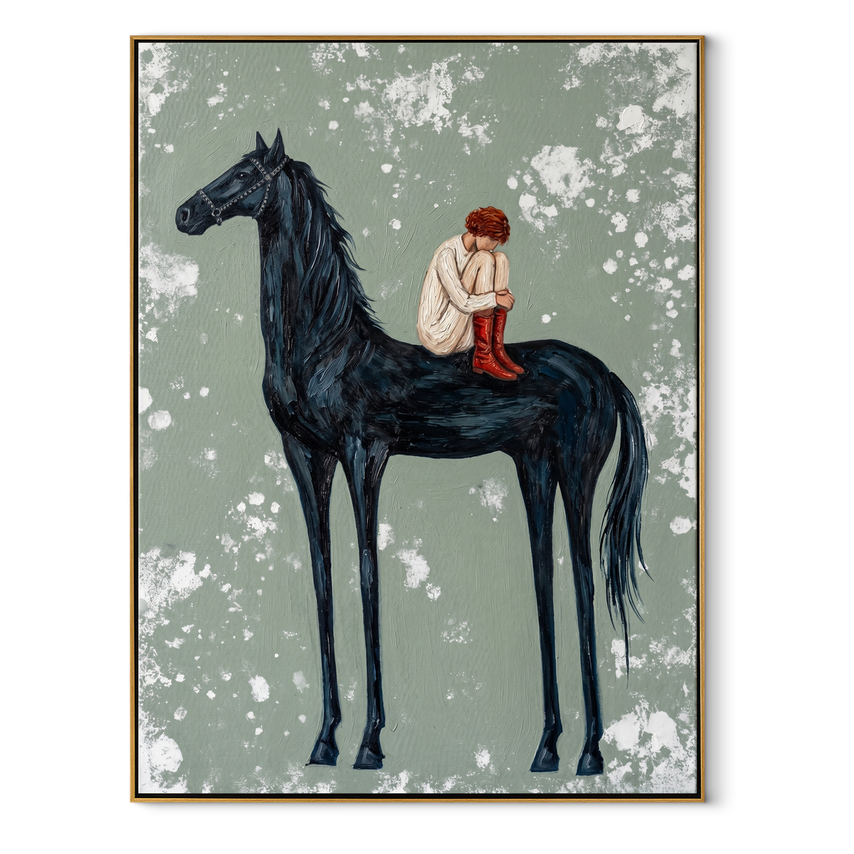 Bent Rider Crosses Snow equestrian horse painting, vertical canvas artwork