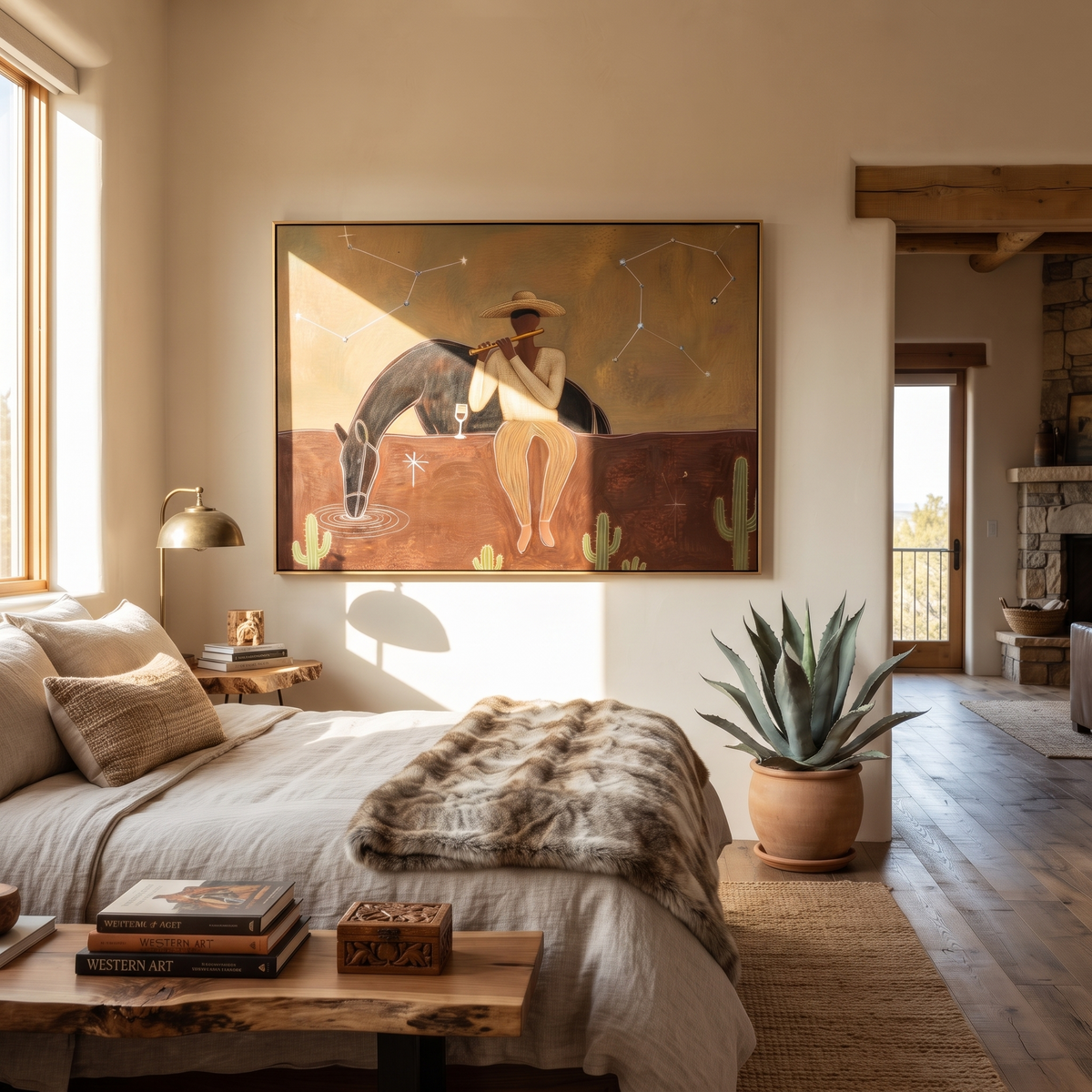Woman Watches Black Horse displayed in a collected contemporary interior