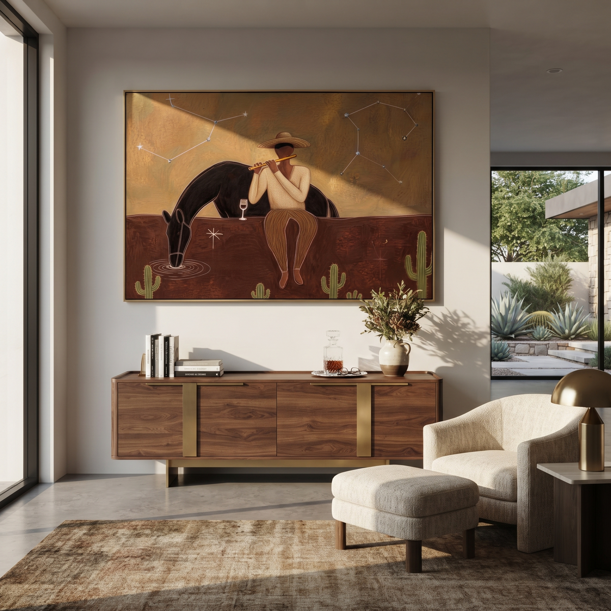 Woman Watches Black Horse displayed in a layered residential setting