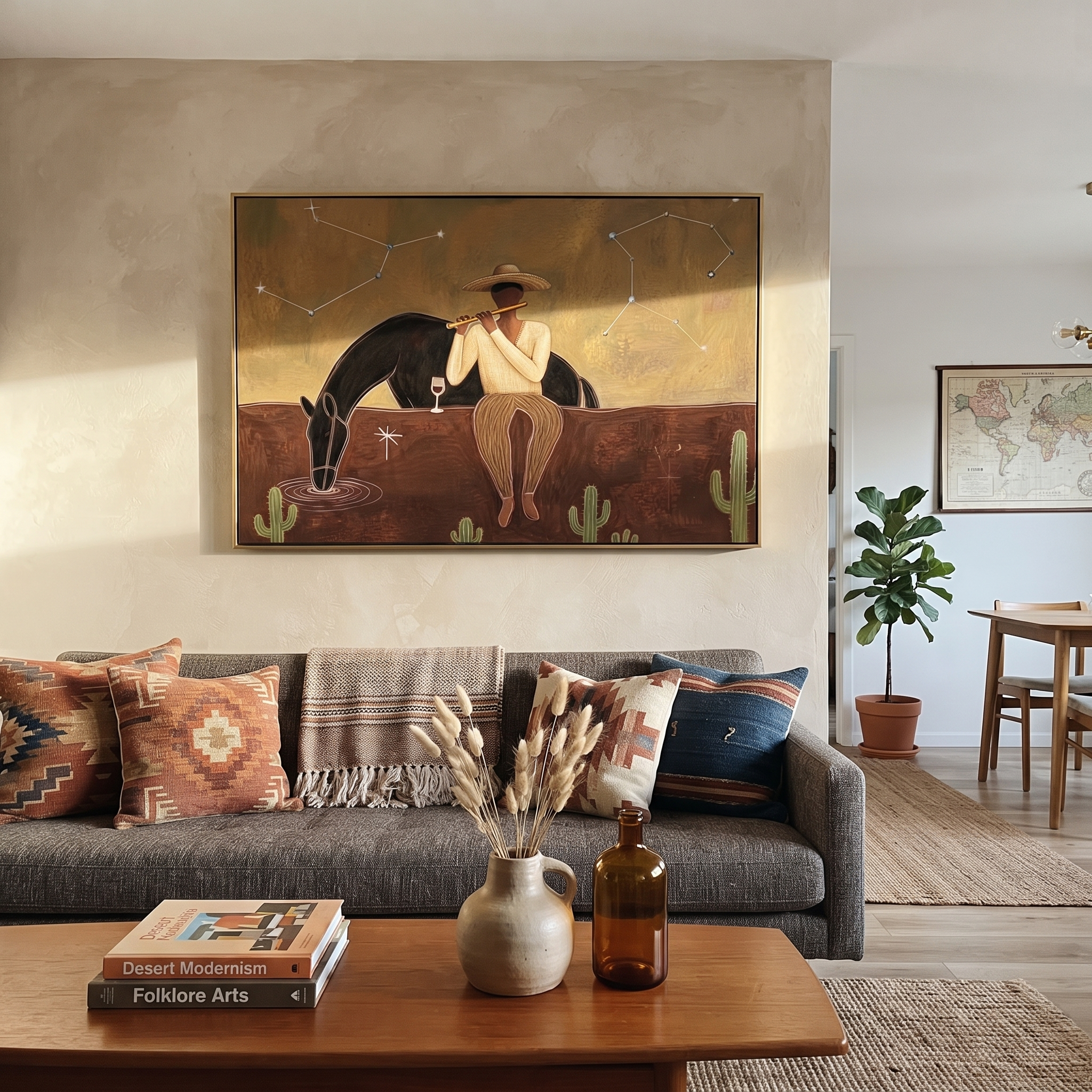 Woman Watches Black Horse styled with wood, linen, and modern decor