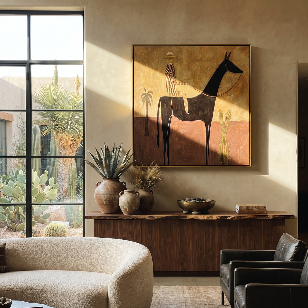 Striped Rider Crosses Desert styled with warm modern furnishings