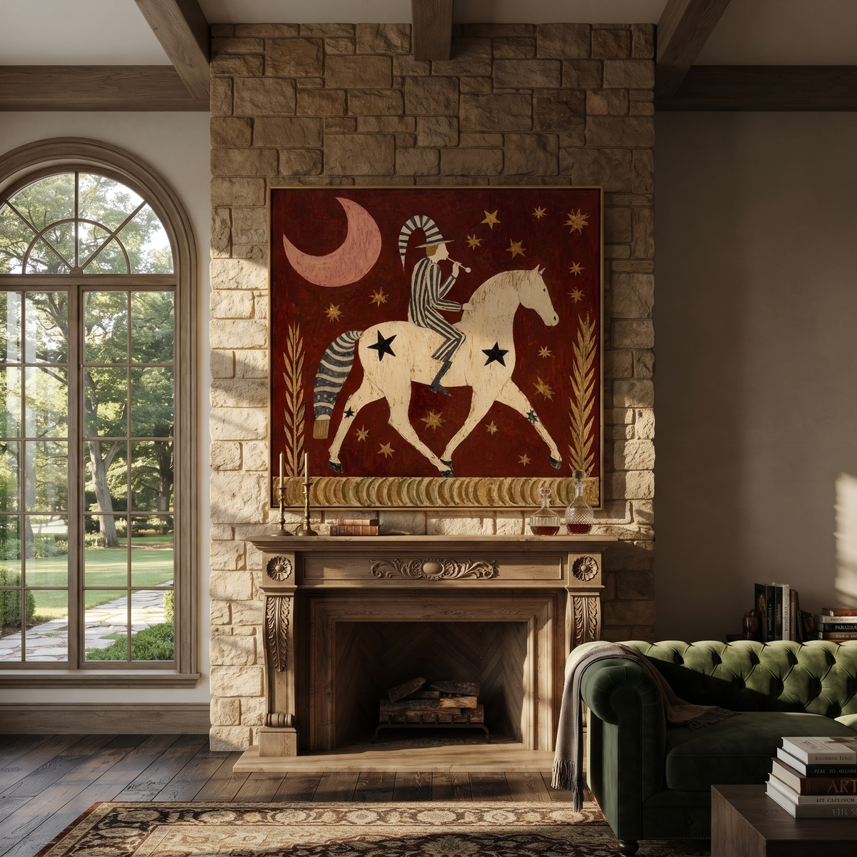Trumpet Wakes Moonlit Horse styled with warm modern furnishings