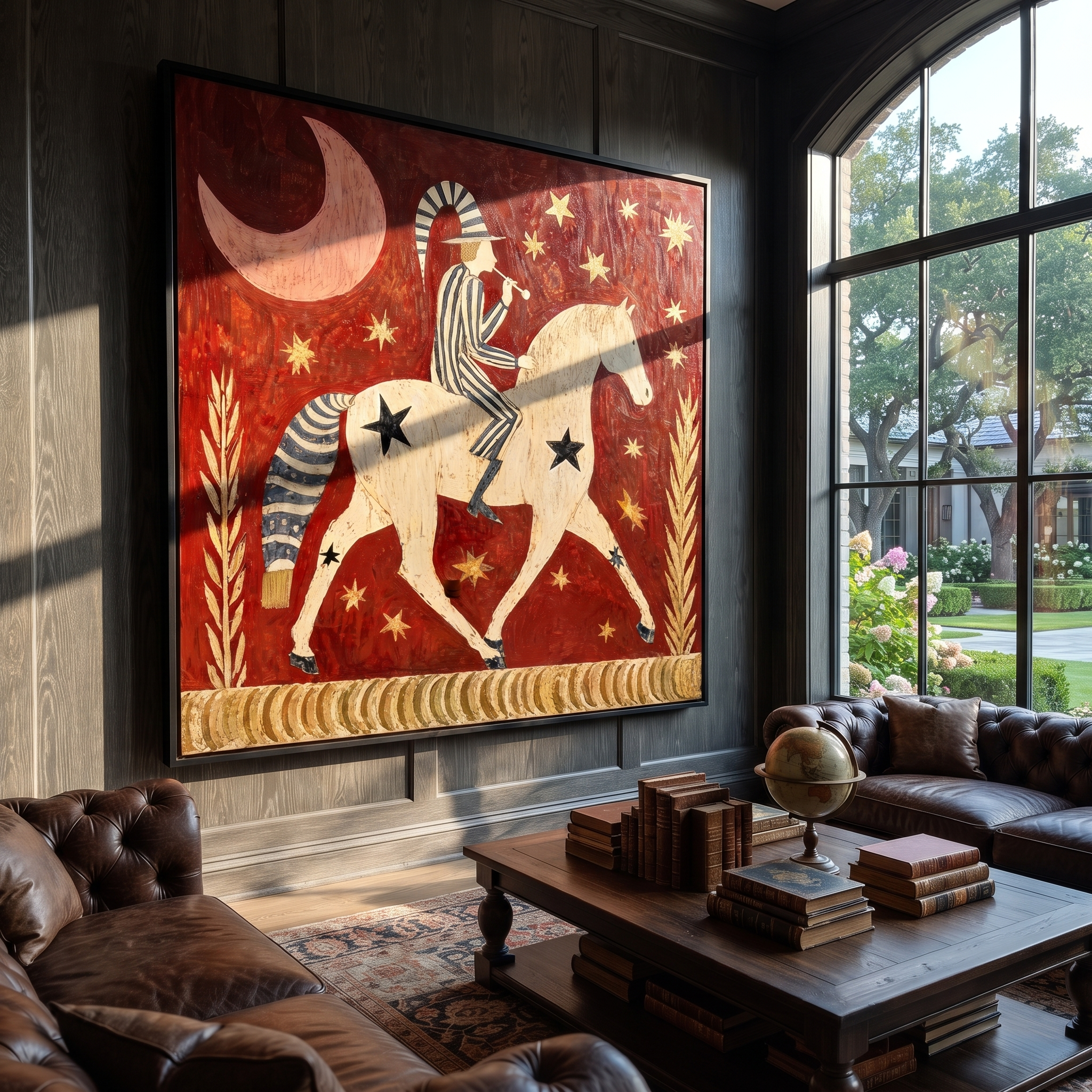 Trumpet Wakes Moonlit Horse presented as a colorful interior focal point