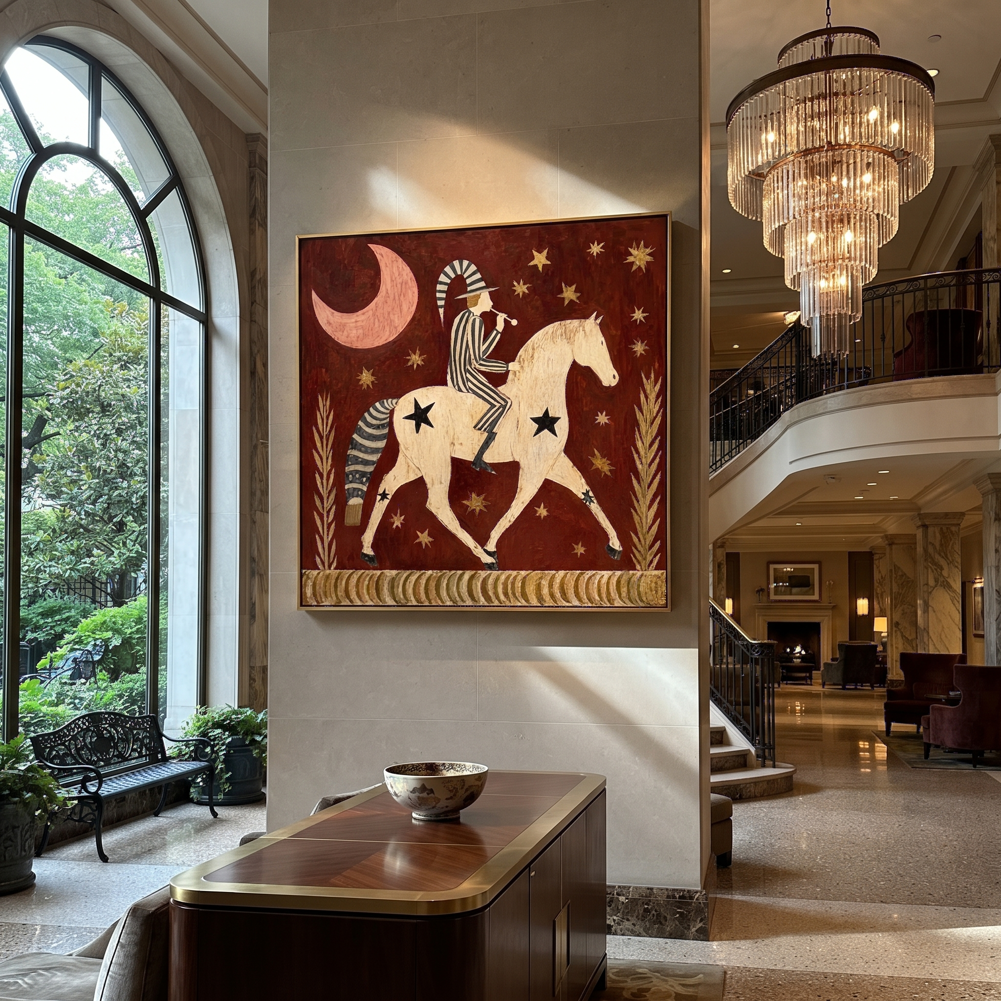 Trumpet Wakes Moonlit Horse styled with wood, linen, and modern decor