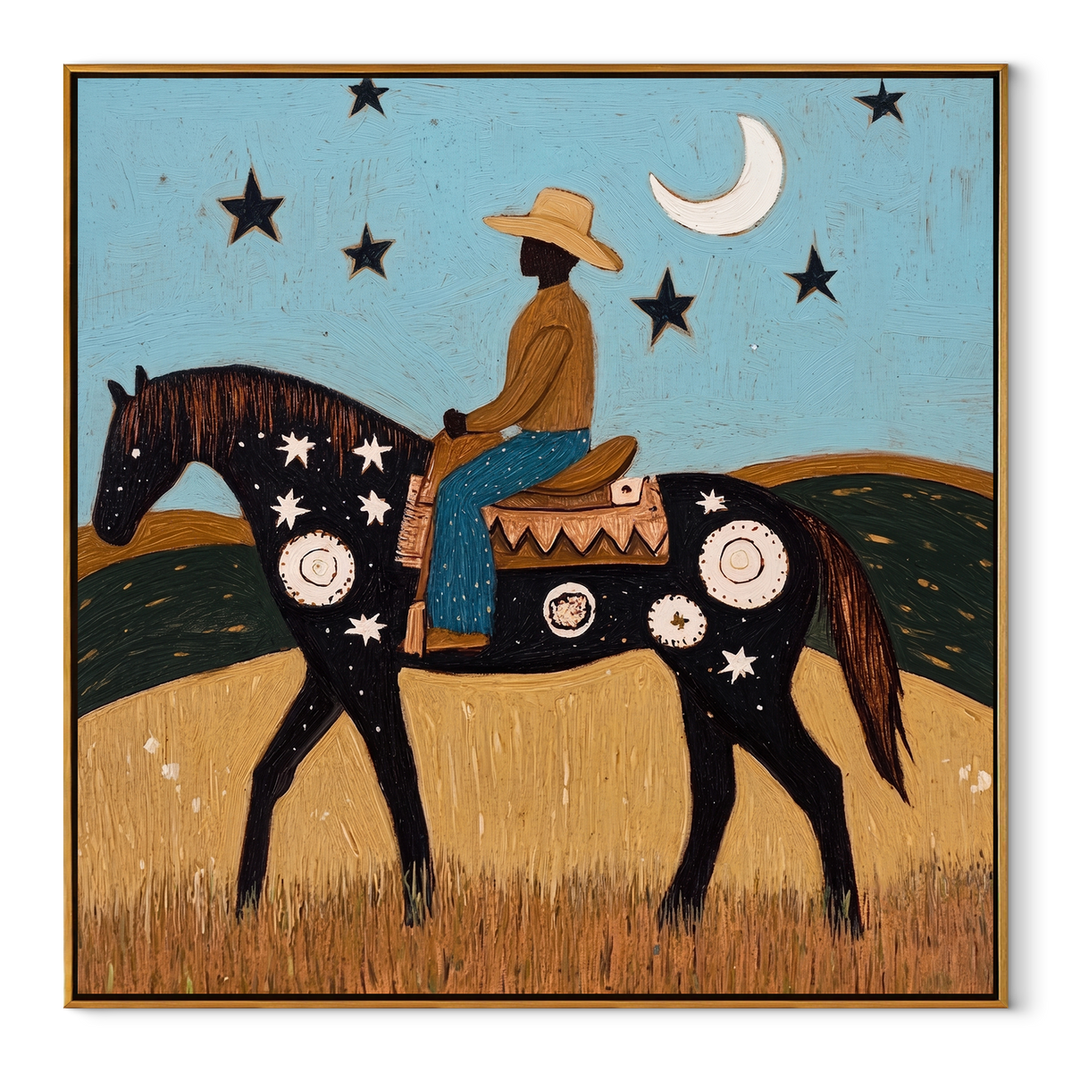 Crescent Guides Starry Rider equestrian horse painting, square canvas artwork