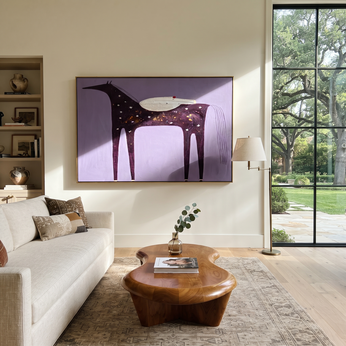 White Figure Spans Night displayed in a collected contemporary interior