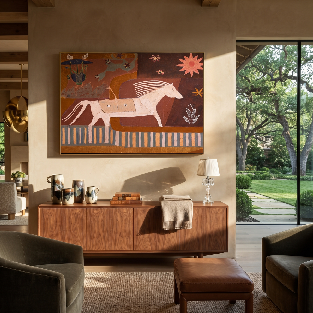 Three Horses Chase Sun displayed in a collected contemporary interior