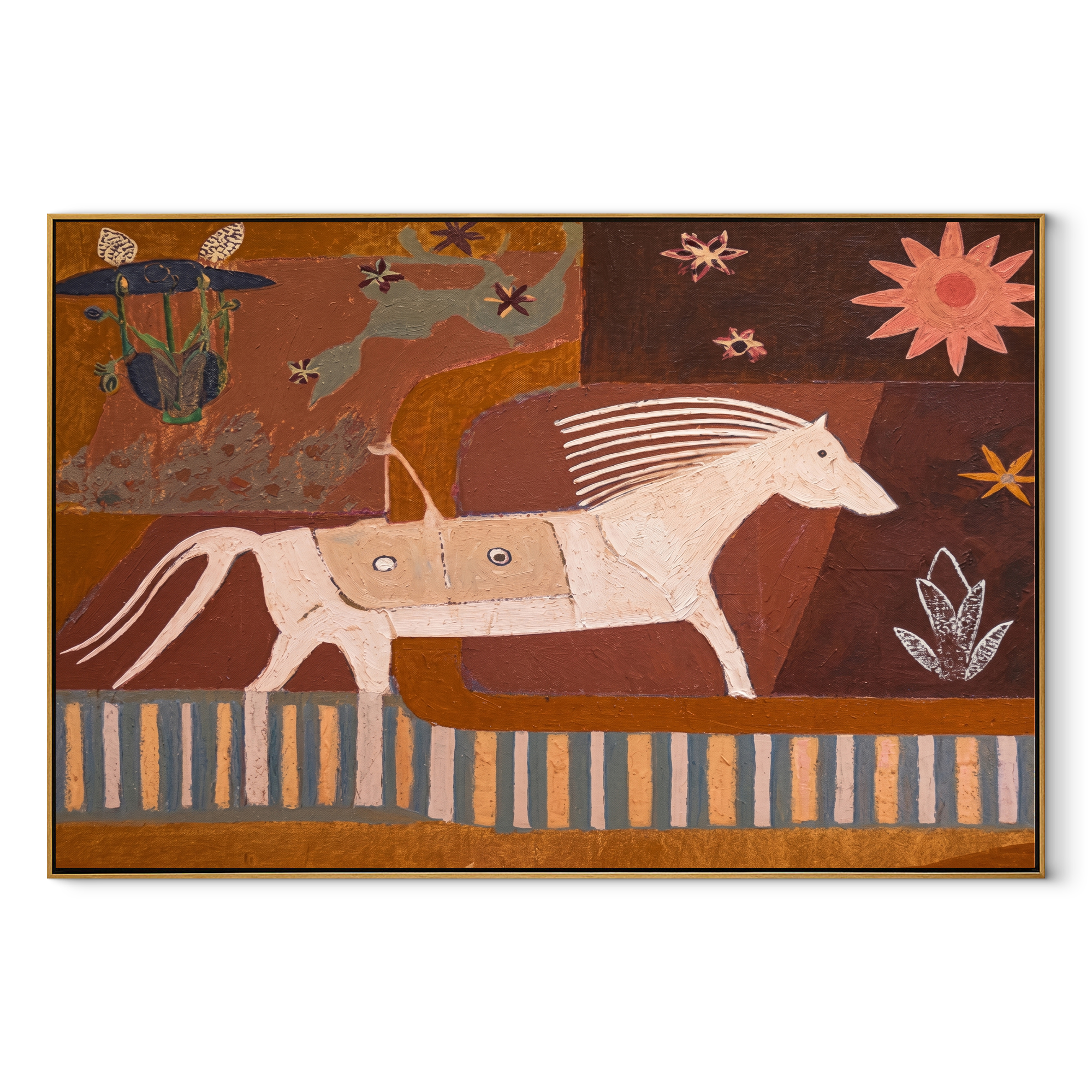 Three Horses Chase Sun equestrian horse painting, horizontal canvas artwork