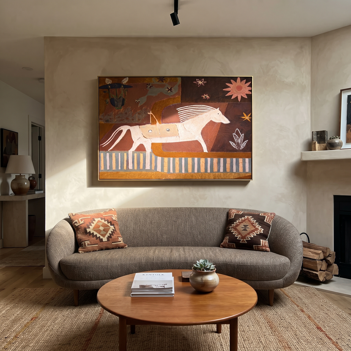 Three Horses Chase Sun styled with warm modern furnishings
